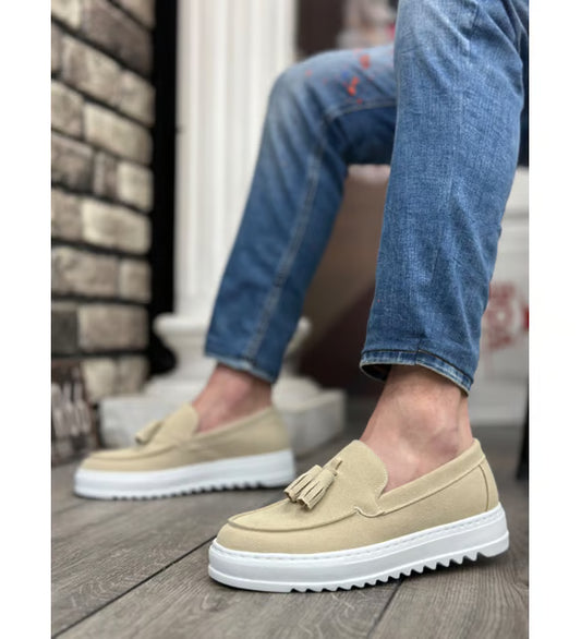 Chaussures Homme à Semelle Épaisse Sans Lacets en Lin Crème avec Pompons