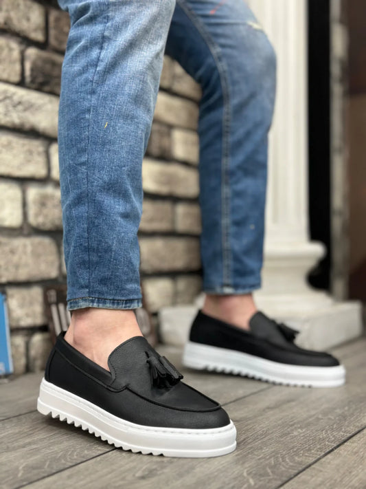 Chaussures homme sans lacets à semelle haute, en cuir Noir, avec pampilles