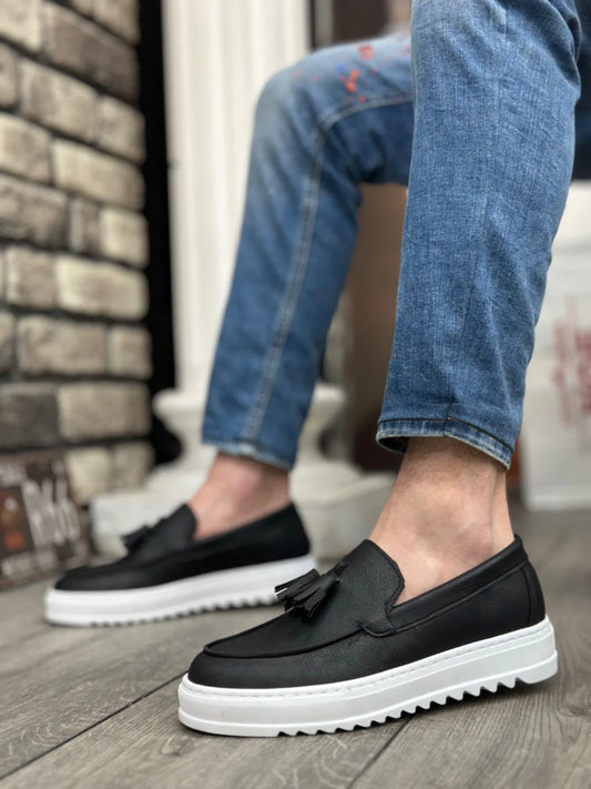 Chaussures homme sans lacets à semelle haute, en cuir Noir, avec pampilles