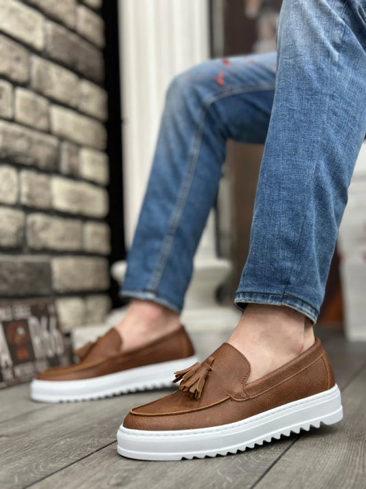 Chaussures homme sans lacets à semelle haute, en cuir Marron, avec pampilles